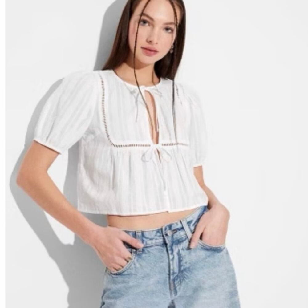 Wild Fable White Textured Blouse - Lightweight Tie Front XS
